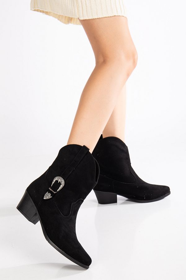 Tonny Black-Women's Black Suede Thermo Sole Buckle Pointed Toe Western Cowboy Boots 1