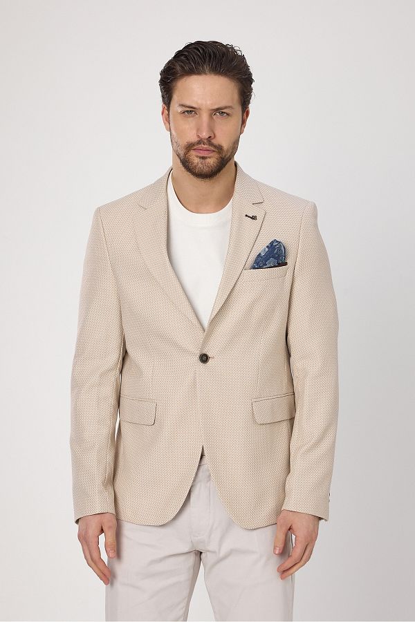 Frappoli-Alturo Men's Beige Spring-Summer Honeycomb Print Regular Fit Blazer Jacket 1