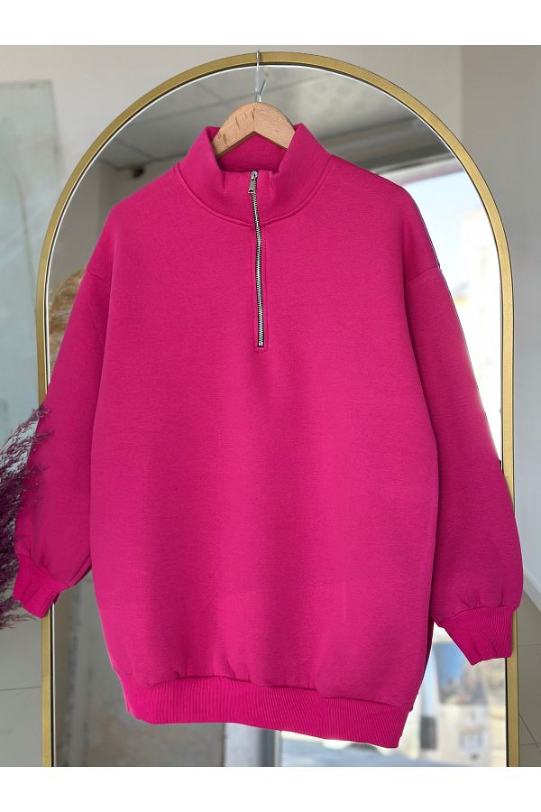 Ebrar Store-Fuchsia Half Turtleneck Birgül Zip Three String Sweat-Zn1055 1