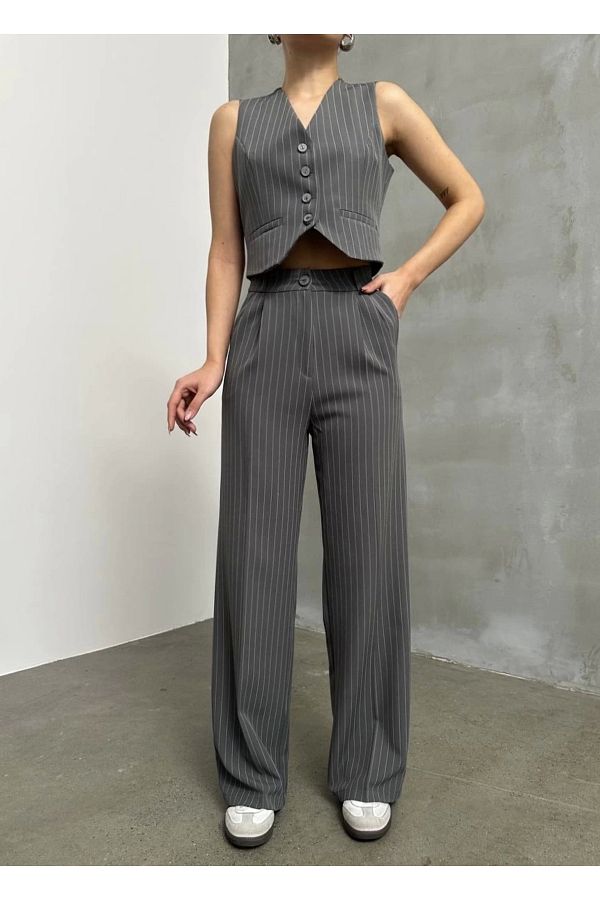 Asfa Moda-Women's Anthracite Striped Sleeveless Vest Palazzo Pants Double Set 1
