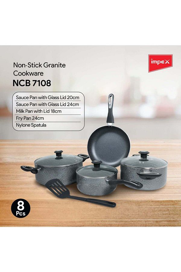 İMPEX-8pcs Cookware Set,5 Layer Granite Coating,Frypan 24cm,2 Saucepan withlid20&24cm,Milkpan withlid 18cm 1