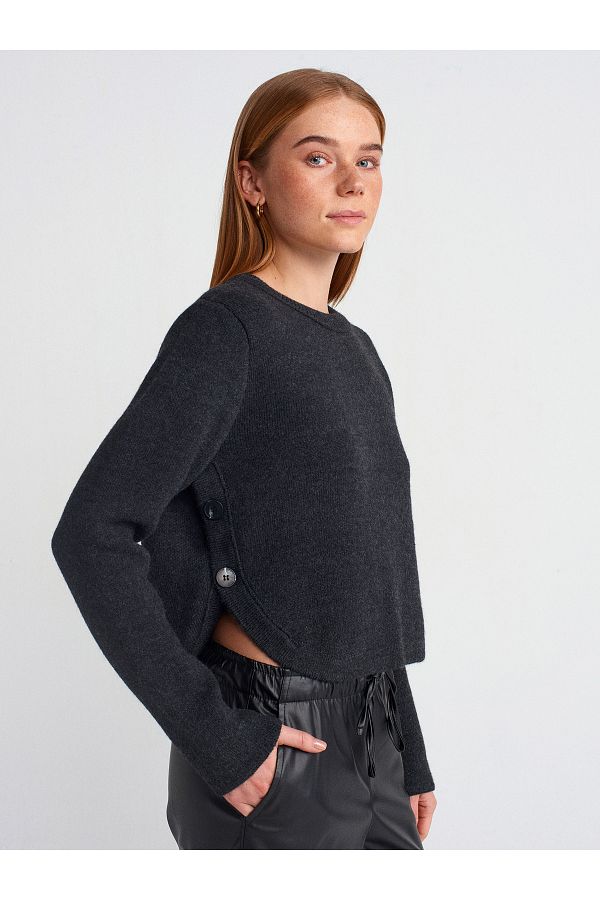 Dilvin-10702 Model - Anthracite Knitwear Sweater with Crew Neck and Side Buttons 1