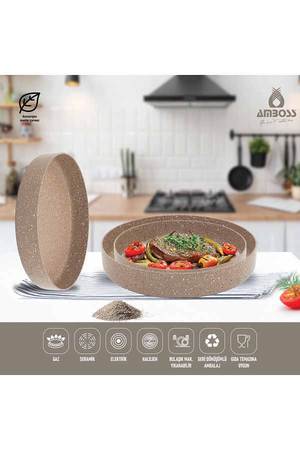 Amboss-OLIVIN 3 PCS GRANITE OVEN TRAY SET BROWN 1
