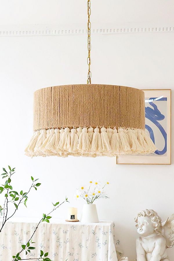 NAYSco-Bohemian Rustic Wicker and Macrame Long Chandelier 1