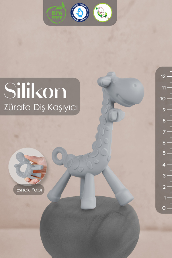 Meleni Baby Zürafa Silikon Diş Kaşıyıcı - Bebek Diş Kaşıyıcı Hayvan Figürlü Oyuncak Dişlik - Gri