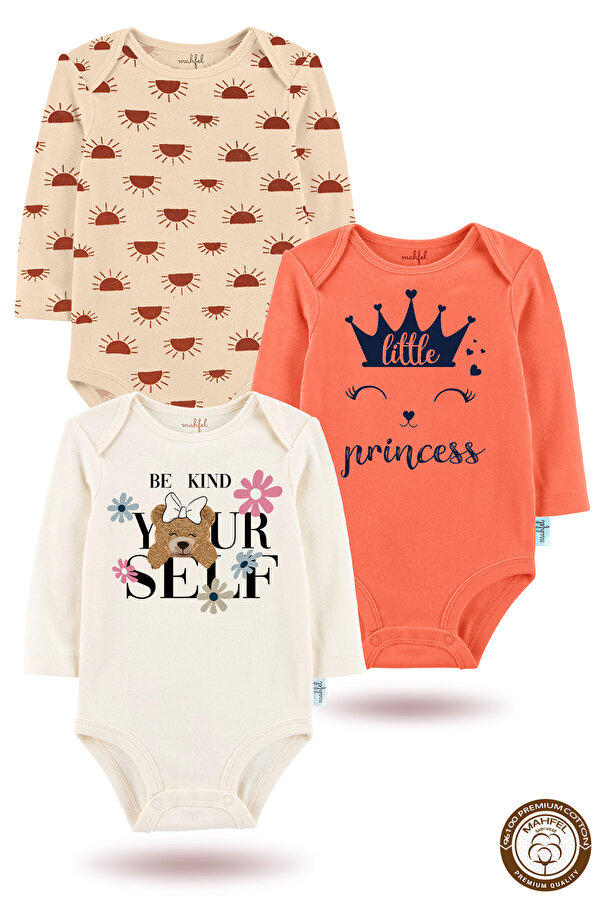 MAHFEL 3'lü %100 Pamuklu Organik Baskılı Uzun Kollu Çıtçıtlı Bebek Body Zıbın