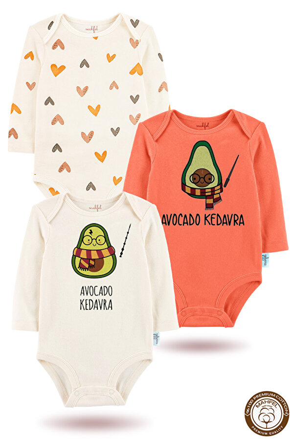 MAHFEL 3'lü Premium Organik Kısa Kollu Baskılı Çıtçıtlı Bebek Body