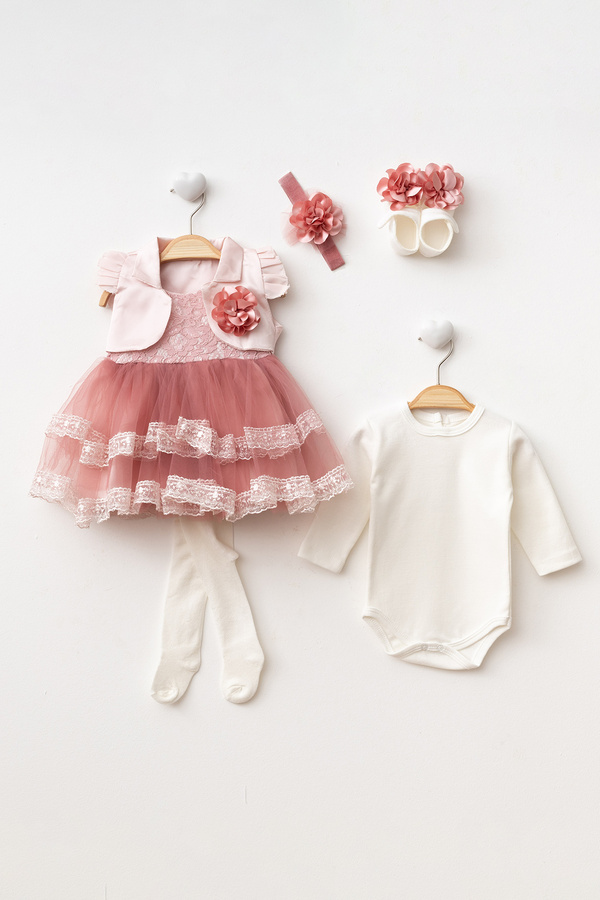 Ponpon Baby Kız bebek çiçekli ceketli 6 parça lüks mevlüt elbisesi yenidoğan elbise bebek hediyelik