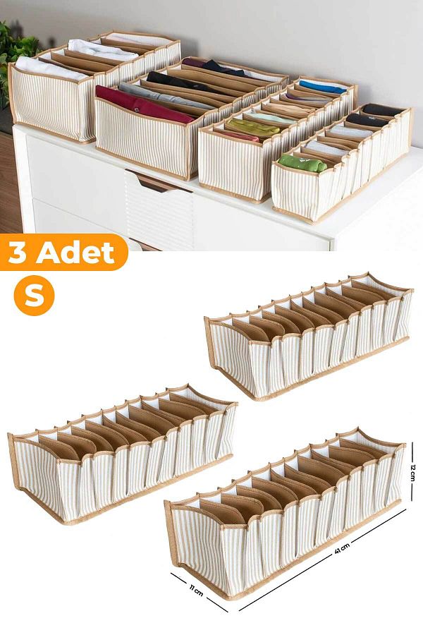 Serstil-منظم مكون من 11 حجرة مخططة باللون البيج - 3 أكياس صغيرة - 11x41x12 سم 1