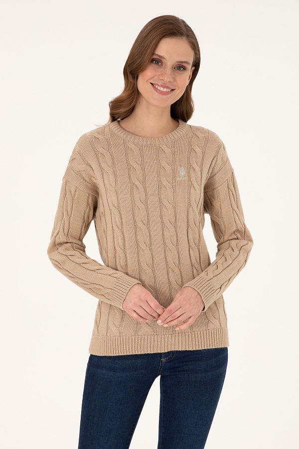 U.S. Polo Assn.-سترة نسائية ذات رقبة دائرية مزيج من الرمال 50297110 -VR123 1