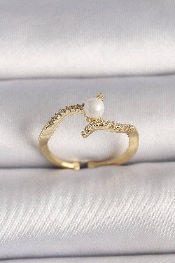 Skygo-Brass Gold Color Zircon Stone Pearl Adjustable Ring - Tj-Byk3547 1