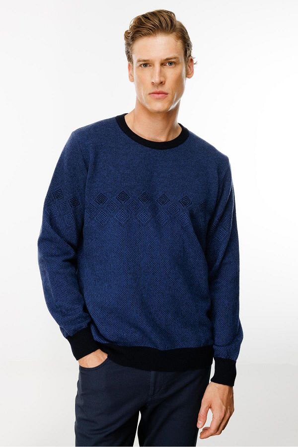 Desen Triko-Men's Crew Neck Chest Diamond Patterned Wool Sweater Dark Navy Blue 1