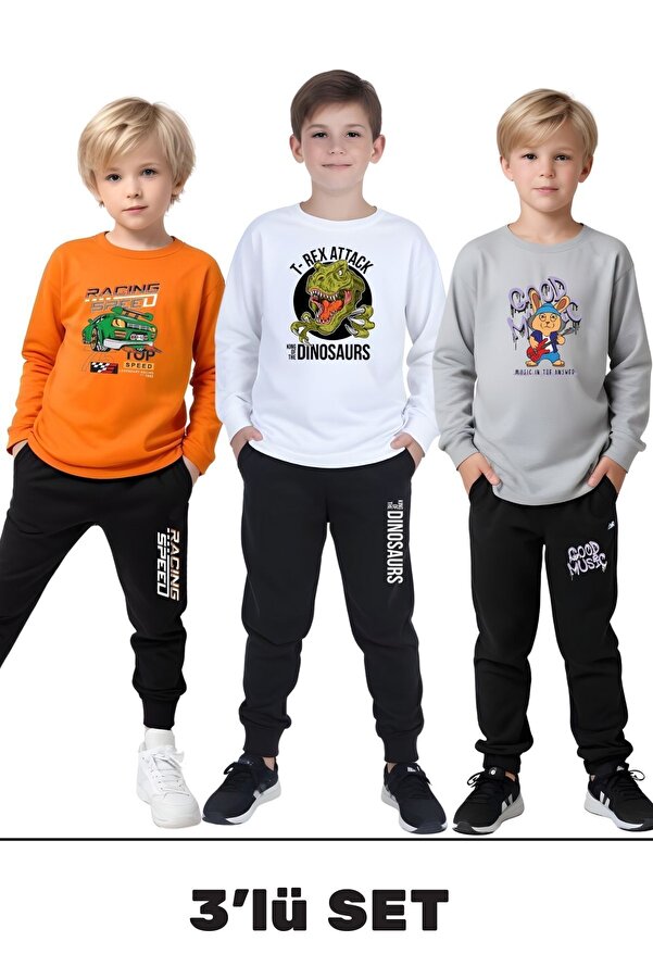 FYK KİDS 3'lü Erkek Çocuk Baskılı Yuvarlak Yaka Alt-Üst Pijama Takımı