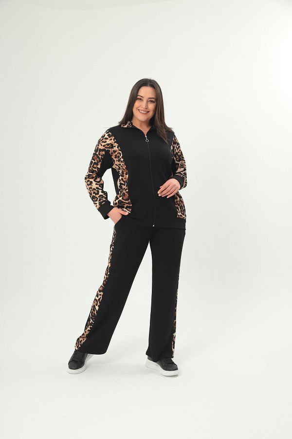 Şans-Women's Plus Size Black Leopard Detailed Tracksuit Suit 65N38714 1