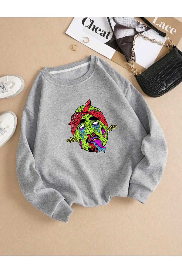 BU Wear-Gray Oversize Sweatshirt - Crew Neck, Figure Pattern Printed, Thick Winter 1