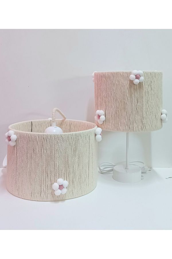 C&A&B KUZEY AVİZE-Pink Floral Pattern Cylinder Ecru Macrame Rope Wrap - Baby Girl and Girl's Room Chandelier and Lampshade Set 1