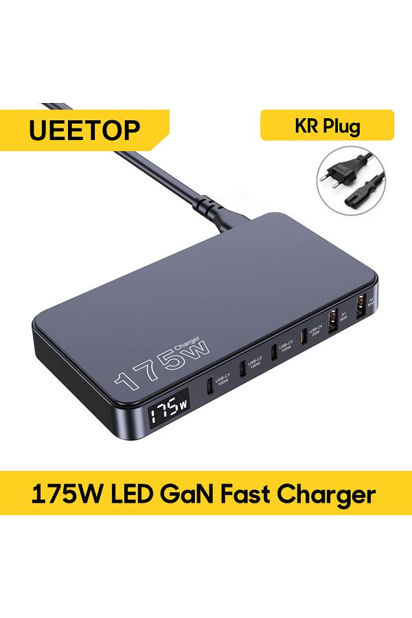 Choice-Kr Plug Ueetop 175w Gan Usb C Charger Led Display 6-port Desktop Charger Type C Pd 100w Pps 45w Fast 1
