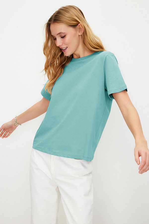 Trendyol Collection-Πλεκτό T-Shirt Basic Turquoise Crew Neck - 100% βαμβάκι TWOSS23TS00000 1