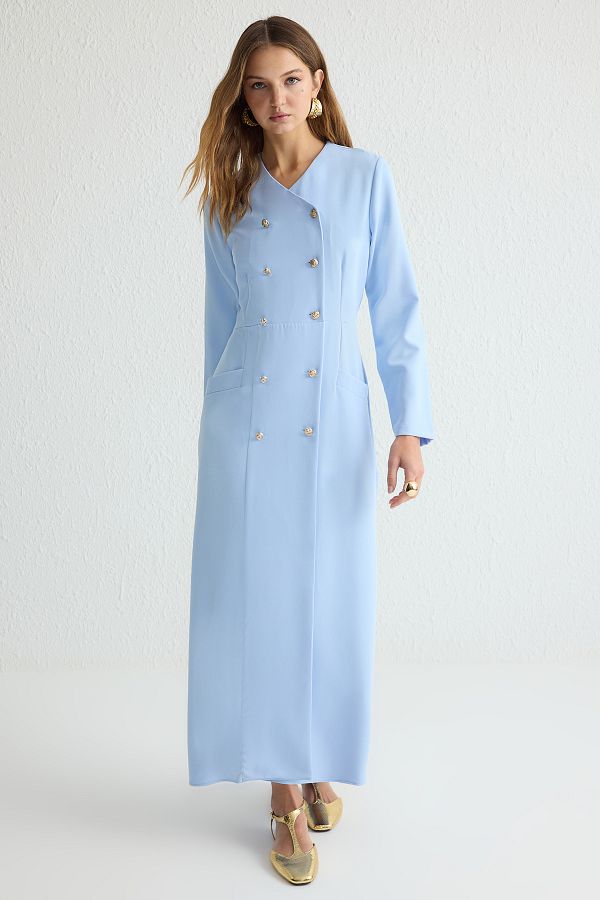 Trendyol Modest-Blaues geknöpftes Kleid aus gewebtem Stoff TCTSS25EB00027 1
