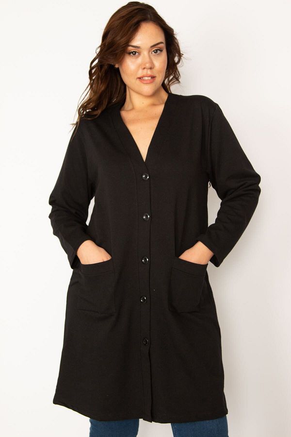 Şans-Damen-Jacke, groß, schwarz, vorne geknöpft, ungefütterte Tasche, 65n34077 1