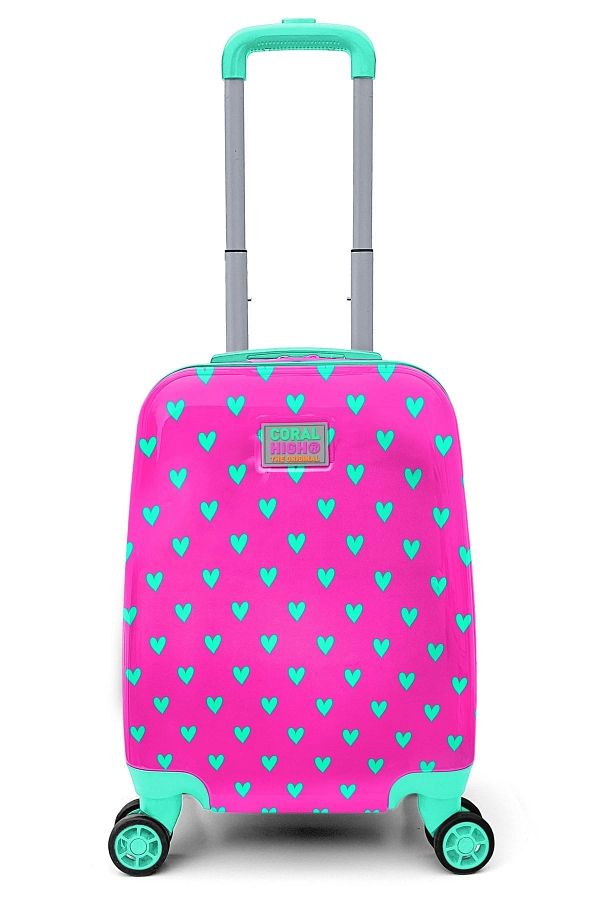 Coral High-Kids Neon Pink Water Green Heart Patterned Children's Suitcase 16715 1