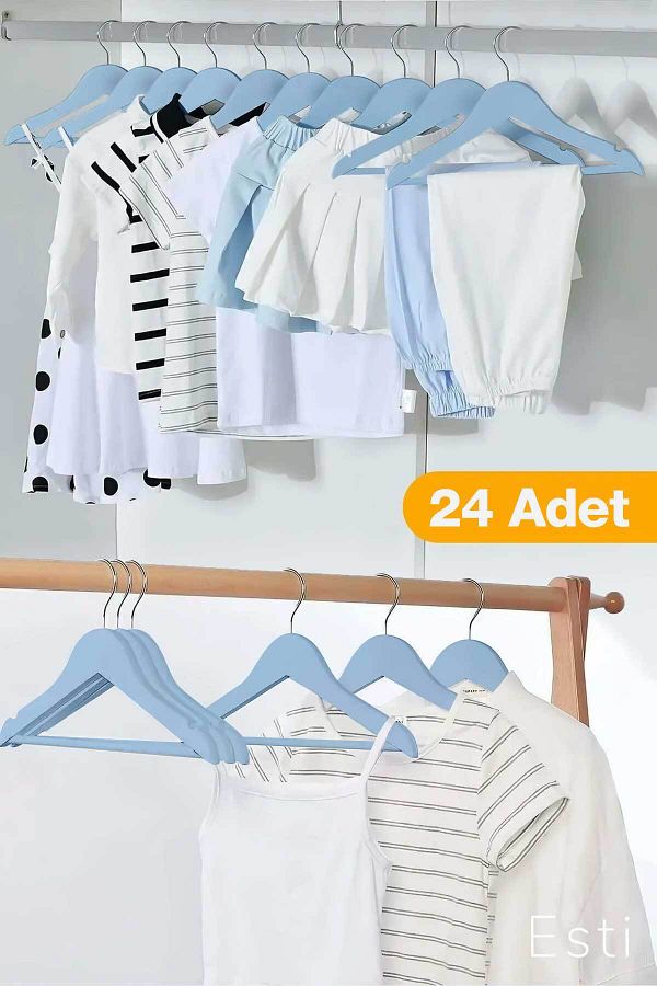 ESTİ-24 قطعة من ملابس الأطفال والرضع باللون الأزرق - مظهر خشبي، شماعات ملابس 1