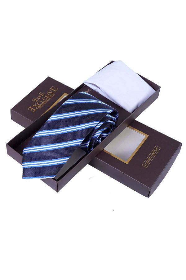 Exve Exclusive-Set de batiste cravată cu dungi albastru, alb, bleumarin 1