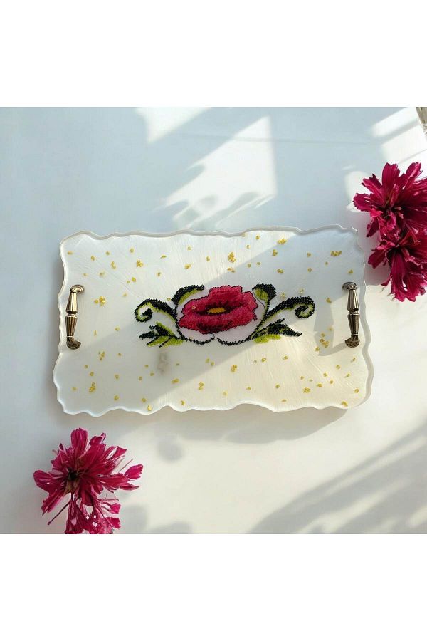 Home-Red Floral Pattern Epoxy Resin Tray - 21 cm Width, 35 cm Length 1