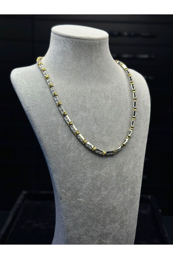 Amber-Gold & Silver Thick Steel Necklace 1
