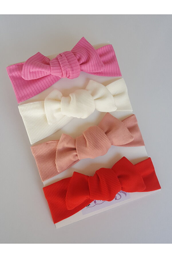 swan butik Kız Çocuk Bebek Bandana Toka Seti 4'lü Ribana, Pudra, Kırık Beyaz, Canlı Pembe Kırmızı