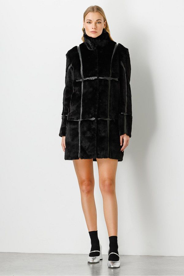 Moda İlgi-Modailgi Stripe Detailed Fur Coat Black 1