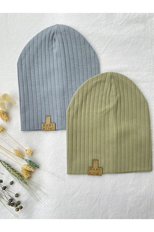 MASALBABY Erkek Bebek 2'li Penye Pamuklu Bere Seti / Yeni Doğan Bebek Şapka / Iki Katlı Bebek Bere Mavi Yeşil