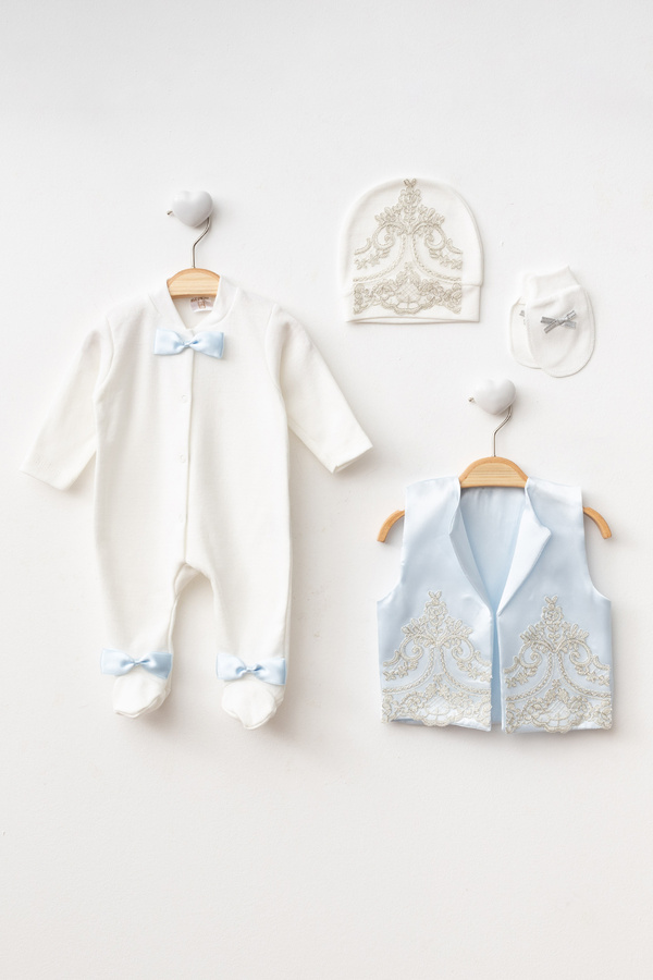 Ponpon Baby Erkek bebek yelekli tulum set lüks mevlüt takımı bebek hediyelik