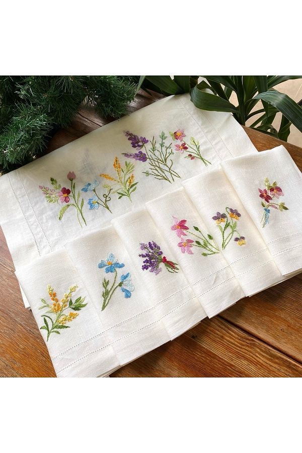 Home-Hand Embroidered Table Ranry on 100% Linen Fabric in 50*1.40 Sizes and 6Pcs Napkin Set 1