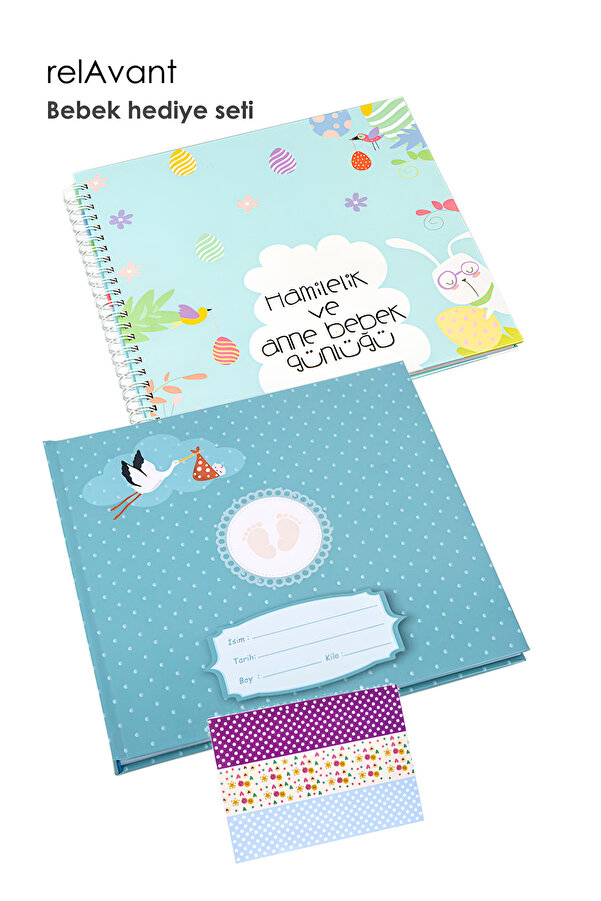 Relavant Modern Bebek Anı Defteri 2'li Set + Sticker Bant - 1 Yıl Hamilelik ve Anne Bebek Günlüğü - Ajanda