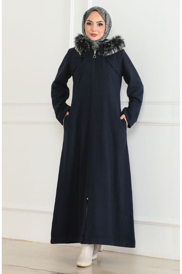 sefamerve-Navy Blue Hooded Fur Coat - 2058-06 1