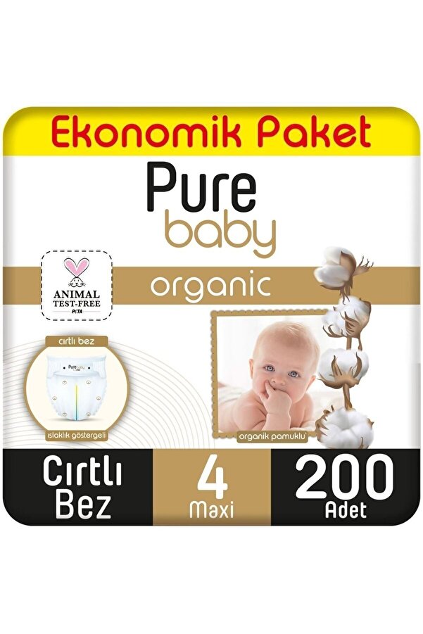 Pure Baby Organik Pamuklu 4 Numara Maxi 200'lü Bebek Bezi