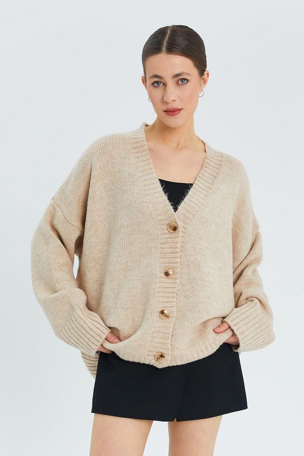Mixray-6927 Cardigan de tricotaj de damă bej - Model de bază moale și largi 1