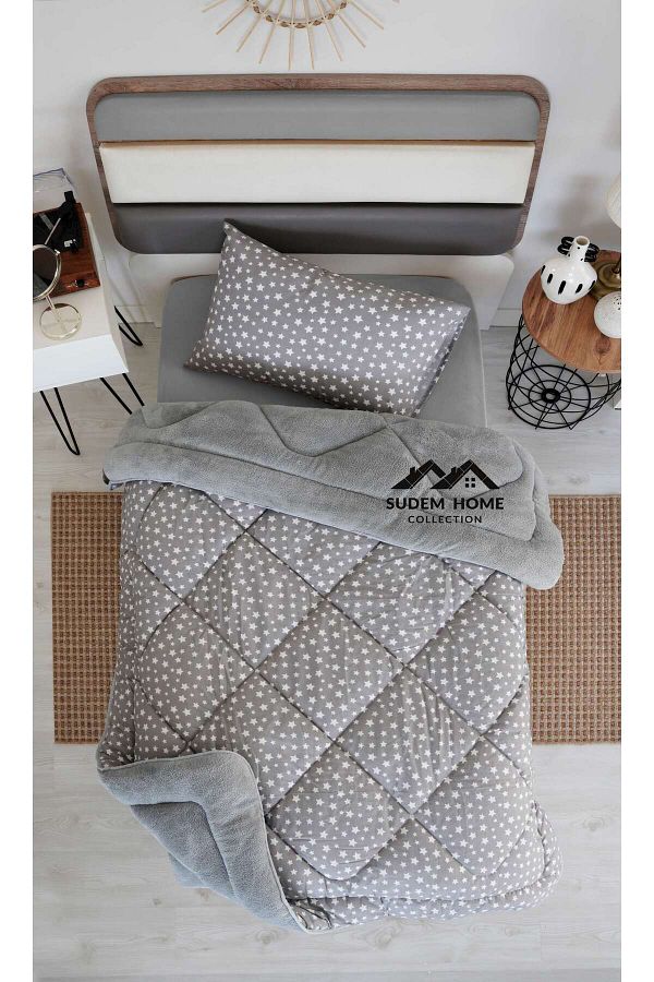 Sudemhome-Welsoft Single Soft Quilt - Double Plush Sides, Fluffy, Gray Star Pattern 1