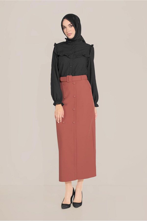 TRENDTESETTÜR-Coffee Women's Skirt - t 60090 with Button Detail and Pockets 1