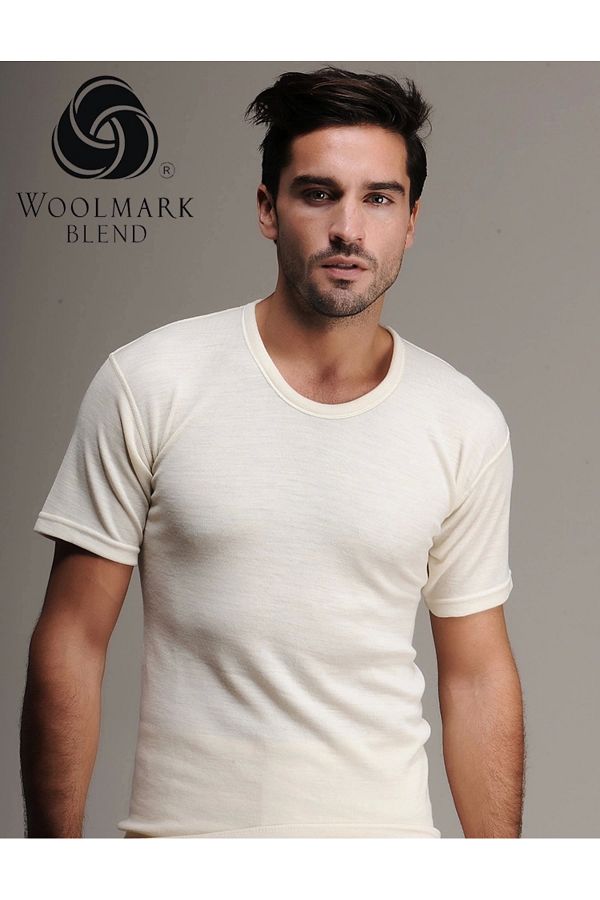 Hasyün-Men's Short Sleeve 100 Cream Wool Underwear - Thermal Undershirt 1