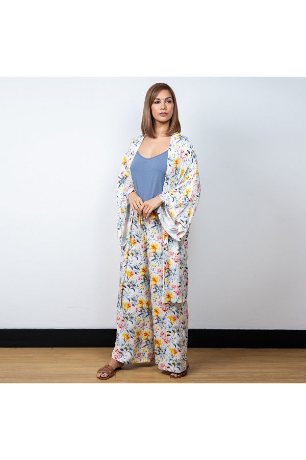 Aadaraya-Floral Print Open Front Kaftan With Wide Leg Pants And Camisole Set 1