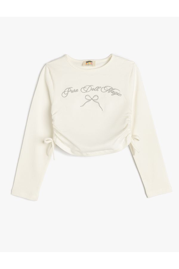 Koton-Crew Neck Long Sleeve Cotton Crop T-Shirt with Embroidery Detail 1