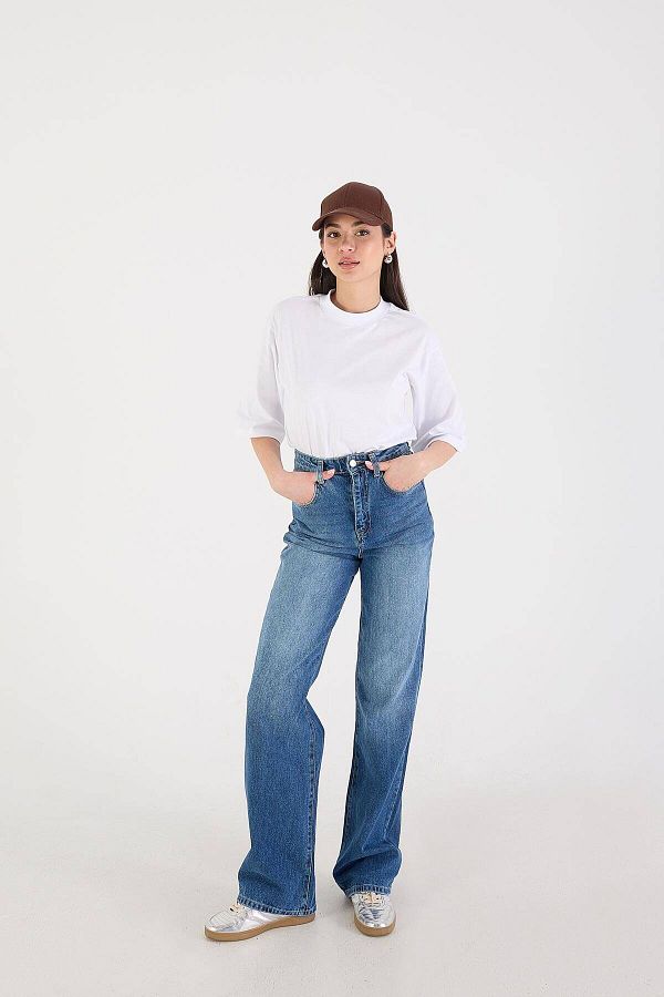Addax-Pantaloni Jean cu talie înaltă cu picioare largi - Pn5171-pnr 1