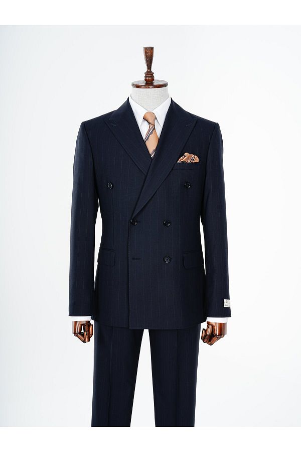 PAREZ-Premium Men's Double Breasted Striped Suit Slim Fit Italian Style Punto Stitched Jacket Pants 1