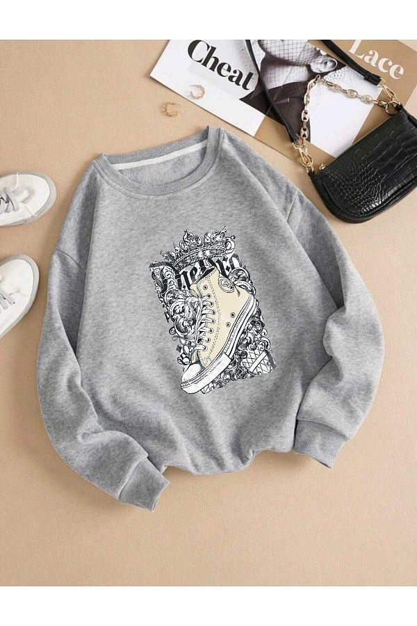 BU Wear-Gray Oversize Sweatshirt - Crew Neck, Figure Pattern Printed, Thick Winter 1