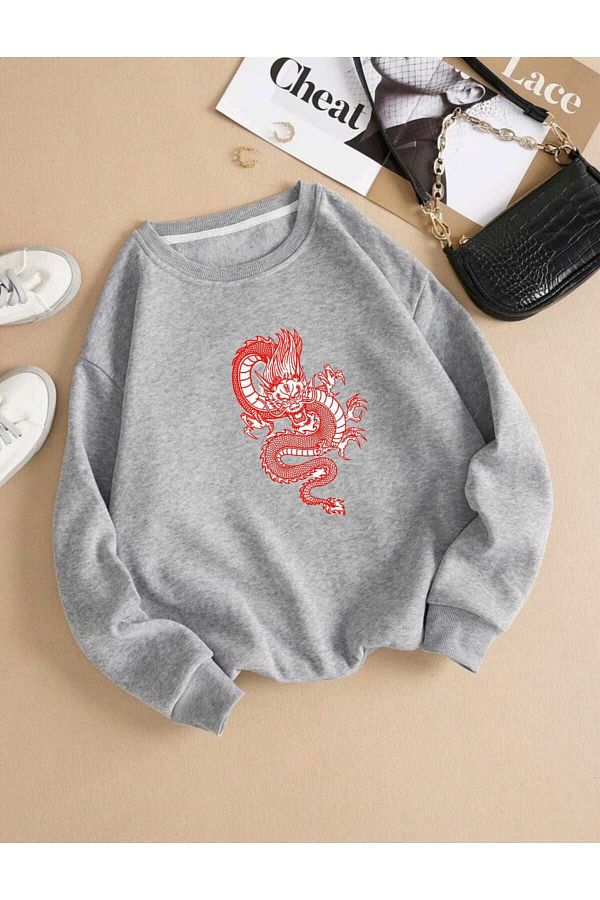 BU Wear-Gray Oversize Sweatshirt - Crew Neck, Figure Pattern Printed, Thick Winter 1