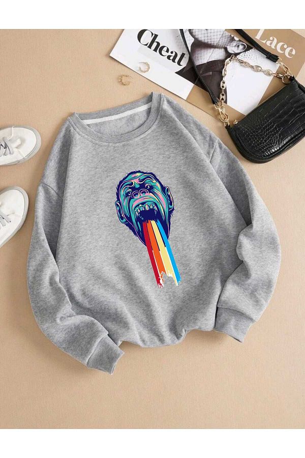 BU Wear-Gray Oversize Sweatshirt - Crew Neck, Figure Pattern Printed, Thick Winter 1
