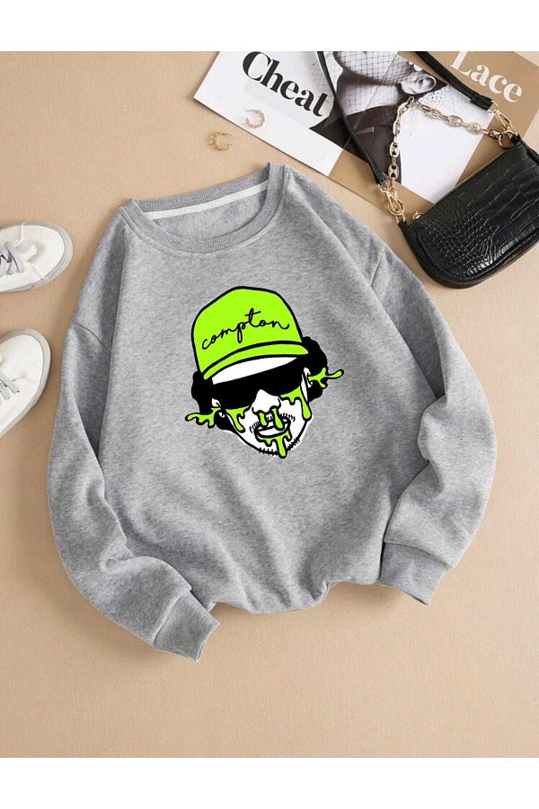 BU Wear-Gray Oversize Sweatshirt - Crew Neck, Figure Pattern Printed, Thick Winter 1