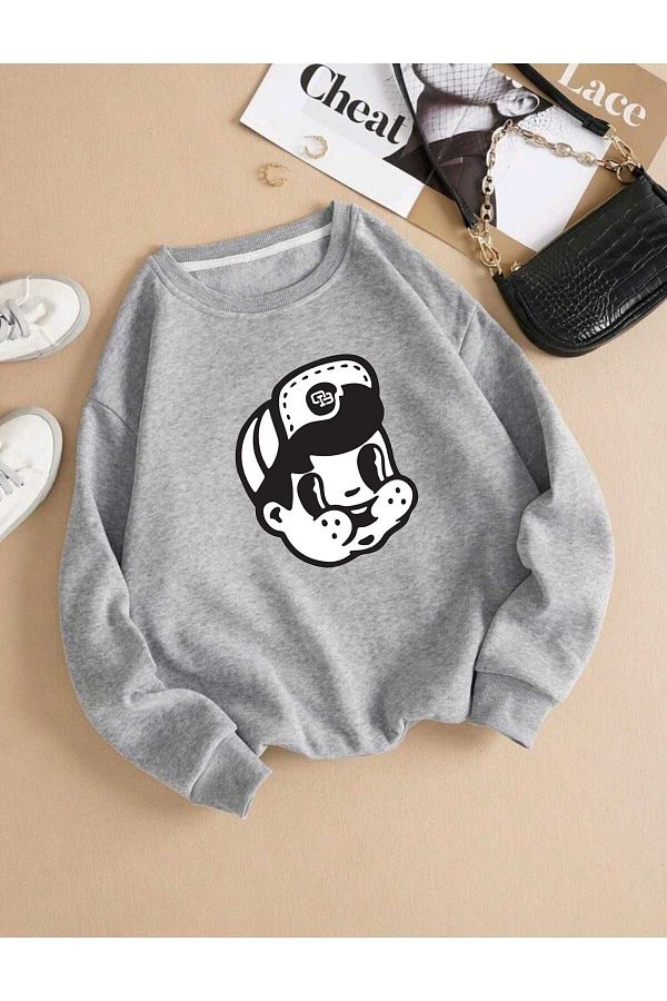 BU Wear-Gray Oversize Sweatshirt - Crew Neck, Figure Pattern Printed, Thick Winter 1